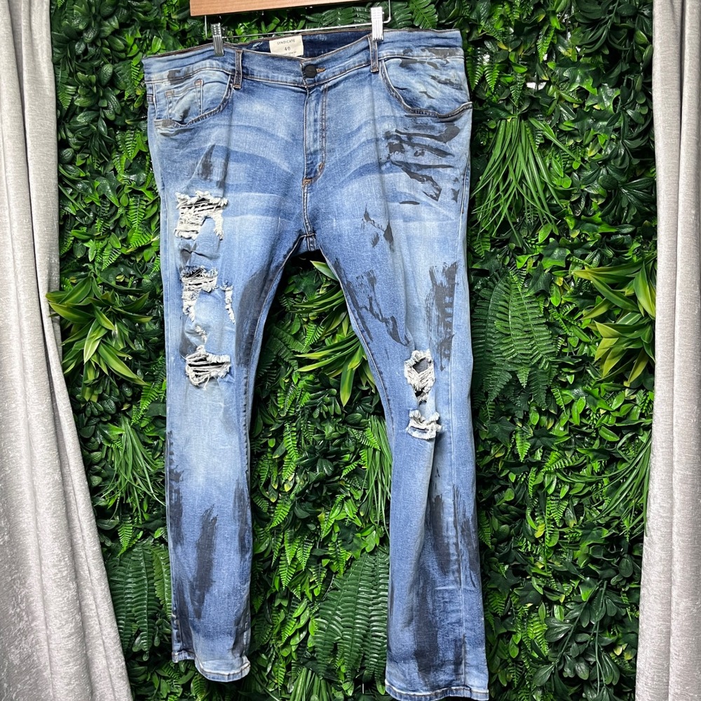 SYNDICATE‎ Jeans Men's Blue Wash Size 40 Distressed Skinny Straight Leg 3502